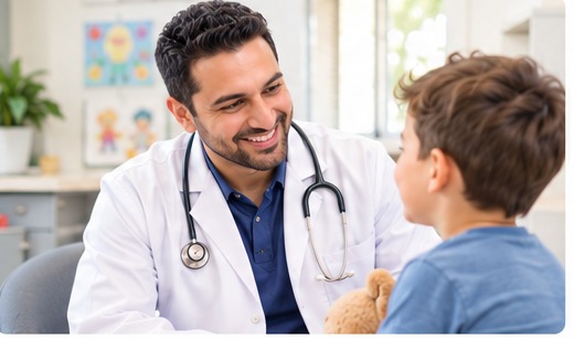 A pediatric doctor connecting with a young patient