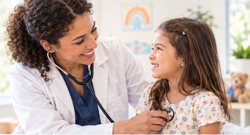 A pediatric clinician sharing a warm moment with a young patient