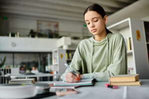 A young person is sitting at a table in a library, wearing a light green hoodie, writing in a notebook. Books and pens are scattered on the table, and shelves are visible in the background.