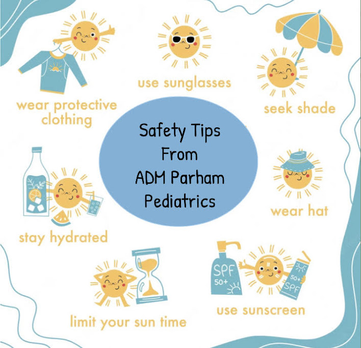 Illustrated sun safety tips from ADM Parham Pediatrics: wear protective clothing, use sunglasses, seek shade, wear a hat, use sunscreen, limit sun time, and stay hydrated. Each point is represented by a happy sun character.